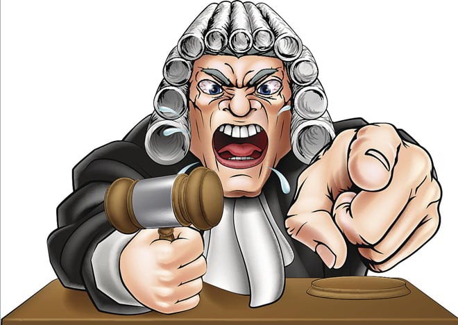 Cartoon judge in a wig angrily points and bangs a gavel