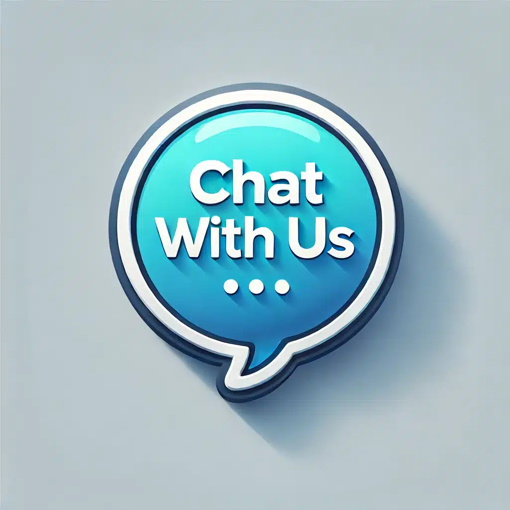 Blue speech bubble icon with Chat With Us text on a light gray background.