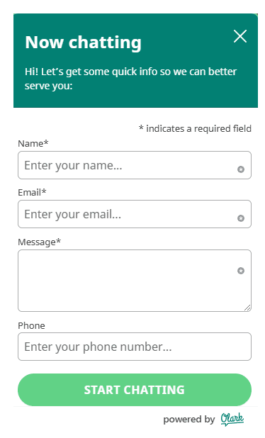Chat window form with fields for name, email, message, and phone number, plus a Start Chatting button.