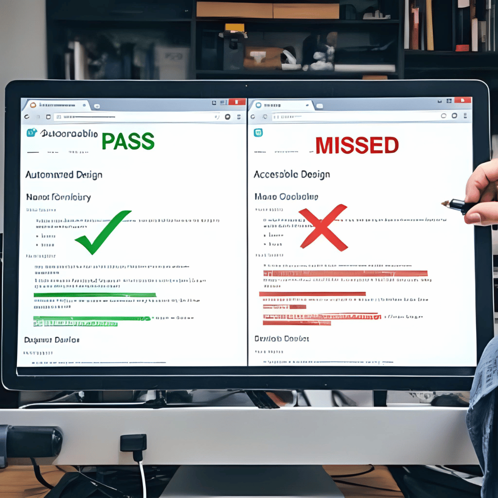 Split screen comparing accessibility checker for website and wave accessibility tool with missed errors
