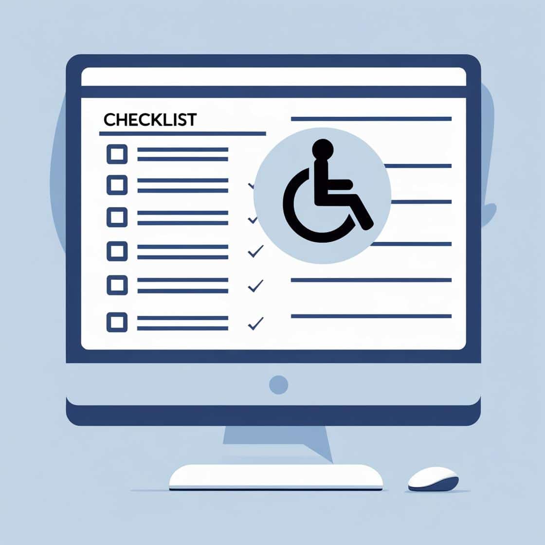 A computer screen shows a checklist alongside a large accessibility wheelchair icon. Web accessibility audit cost explained