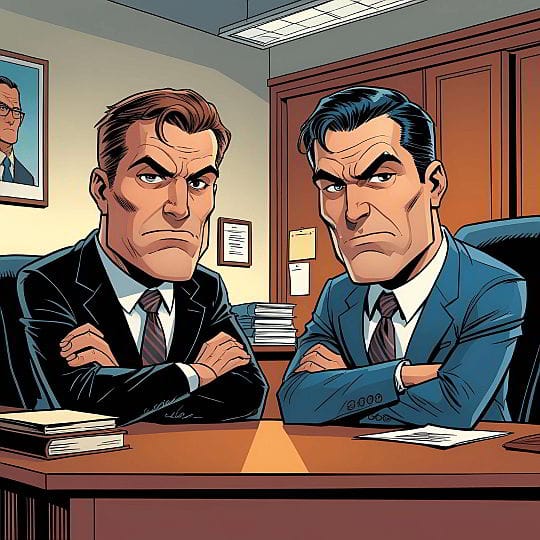 Cartoon of two serious men in suits sit with arms crossed at an office desk, with files and a portrait behind them, representing resistance to web accessibility testing and aa web accessibility