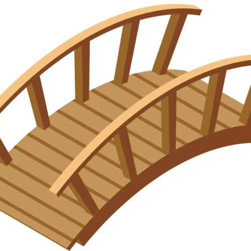 A simple wooden arched bridge with railings is illustrated from an angled perspective on a plain white background.