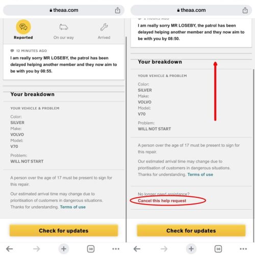 AA app screenshots display repair progress updates and a button to cancel the current help request.