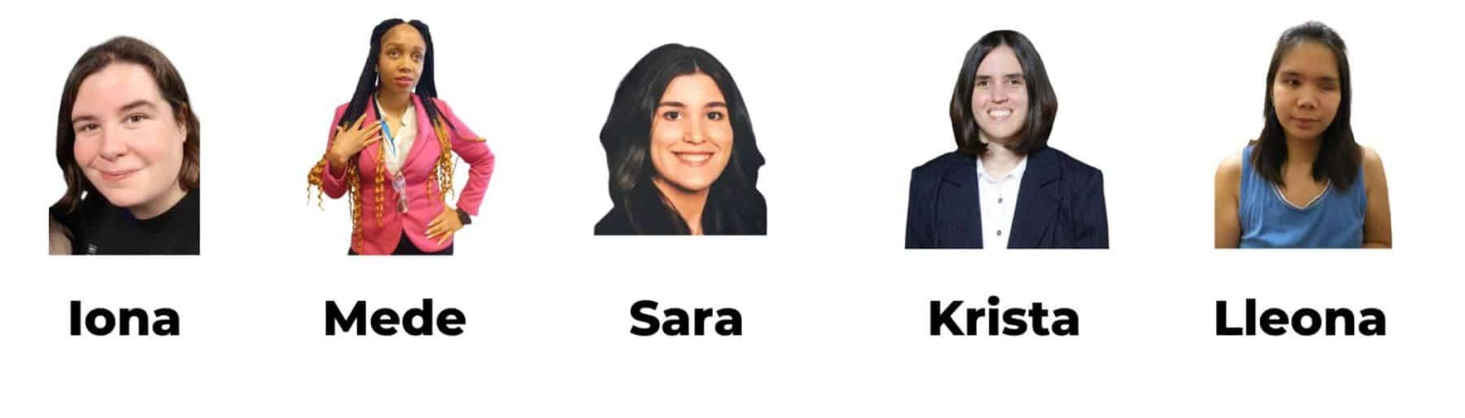 Five women stand in a row, each with a name label above them: Iona, Mede, Sara, Krista, and Lleona.