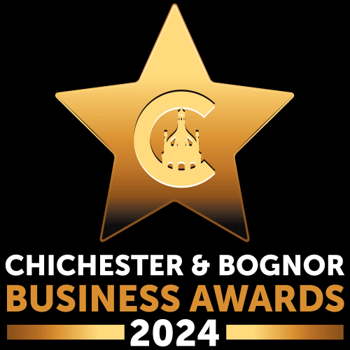 Gold star logo featuring bold white and gold text that reads Chichester & Bognor Business Awards 2024.