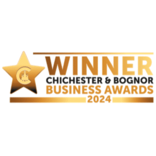 A gold star logo displays the text Winner Chichester & Bognor Business Awards 2024 on a white background.