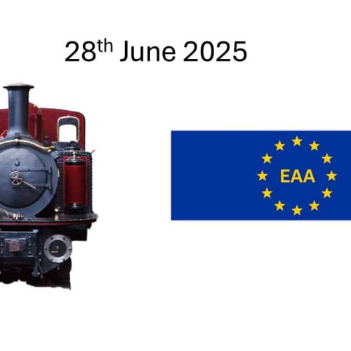 A vintage train, the text 28th June 2025, and an EAA flag featuring yellow stars on a blue background.