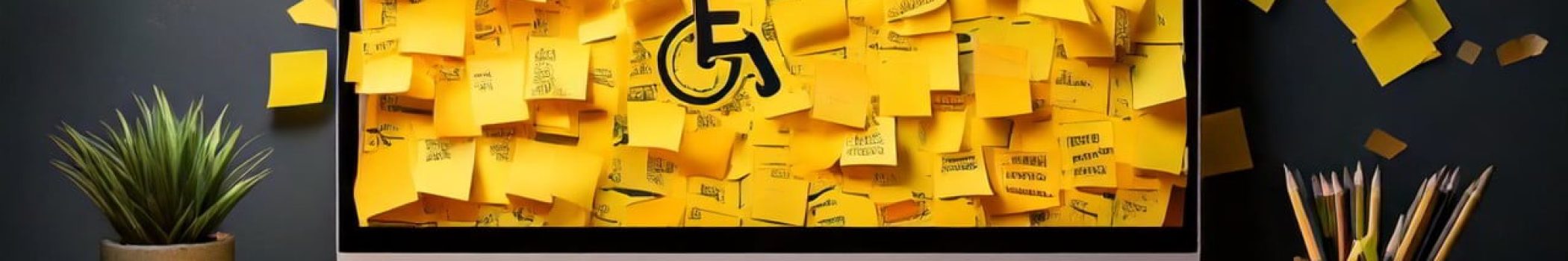 A computer monitor is covered in yellow sticky notes, with a wheelchair accessibility symbol displayed prominently in the centre.