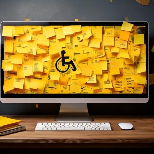 A computer monitor is covered in yellow sticky notes, with a wheelchair accessibility symbol displayed prominently in the centre.
