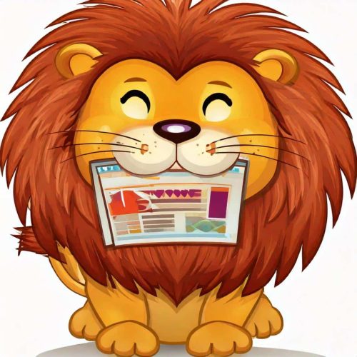 A smiling cartoon lion holds a webpage in its mouth.