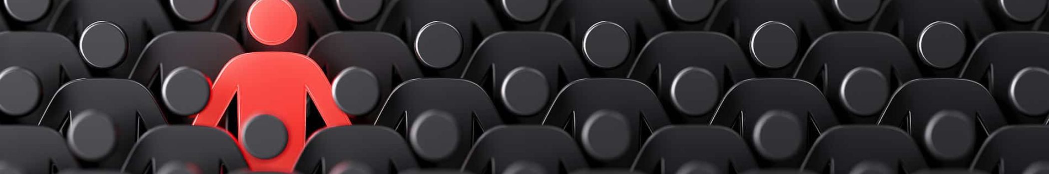 Several black human icons form a group surrounding a single red human icon positioned prominently in the centre.