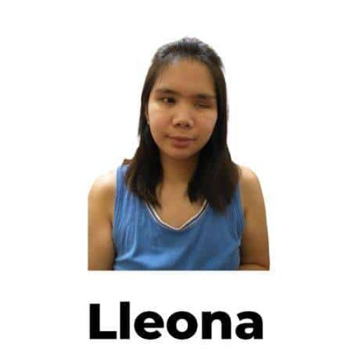A woman with straight dark hair and a blue top appears above the bold word Lleona on a white background.