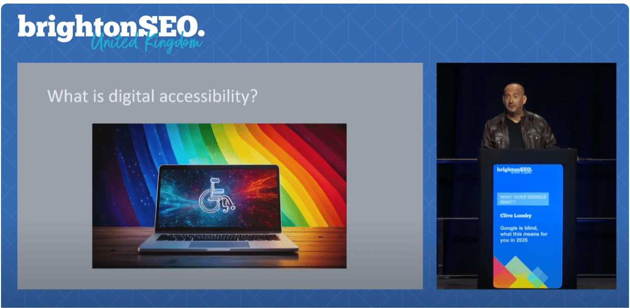 Clive Loseby presenting at BrightonSEO on web accessibility standards UK, automated accessibility testing and WCAG compliance testing with web accessibility examples