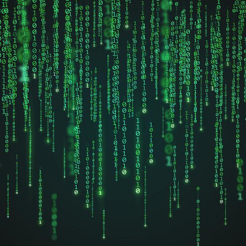 Rows of green code cascade vertically against a black background, mimicking the iconic Matrix film digital rain effect.