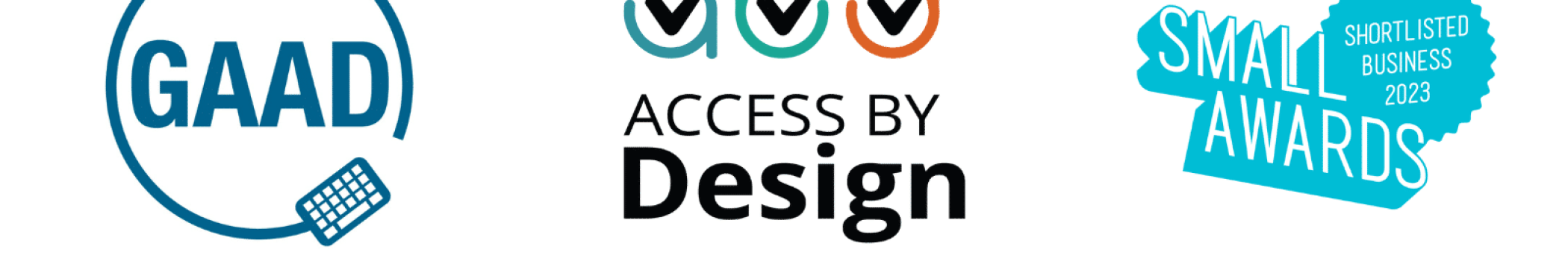 Four logos display the words GAAD, Access by Design, Small Awards, and Today is our 17th Birthday!!!.