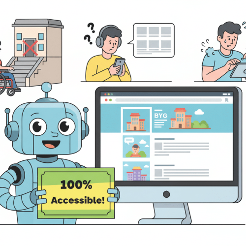 A robot holding a 100% Accessible! sign stands near a computer, whilst several people nearby encounter accessibility barriers.