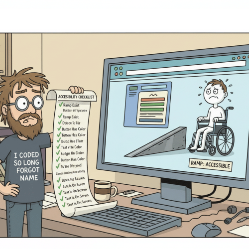 A cartoon shows a programmer holding an accessibility checklist while his computer screen displays a ramp for wheelchair users.