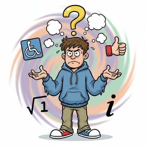 A boy in a hoodie juggling four symbols—a wheelchair, thumbs up, square root sign, and the imaginary number i—looks confused.