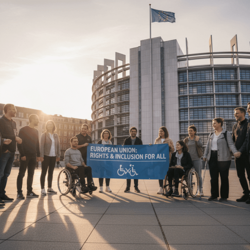People of different backgrounds stand outside a modern EU building holding a disability rights banner beneath a clear blue sky.