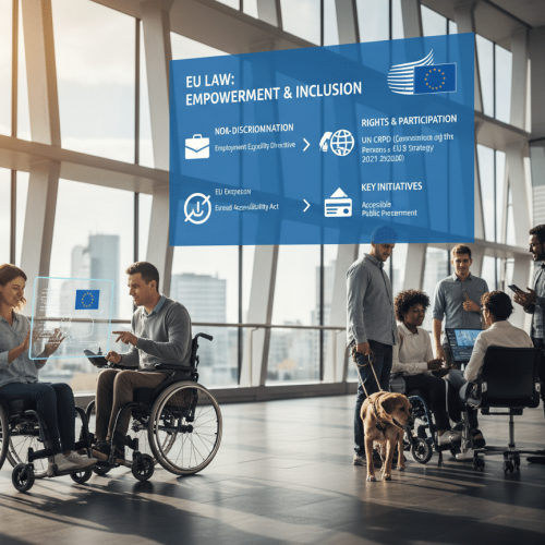 A diverse group of people with disabilities collaborate in a modern office, focusing on EU laws about empowerment and accessibility.