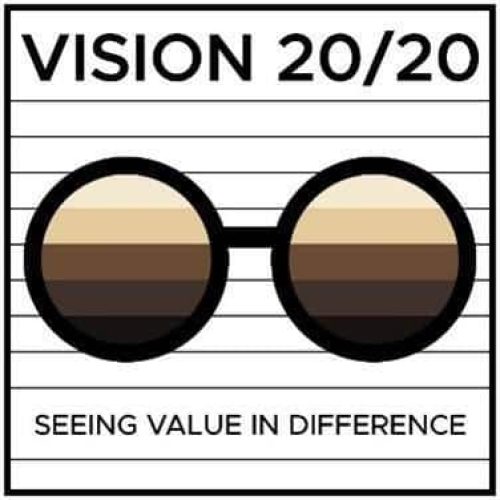 Drawing of round glasses with brown-tinted lenses, labelled VISION 20/20 and SEEING VALUE IN DIFFERENCE.