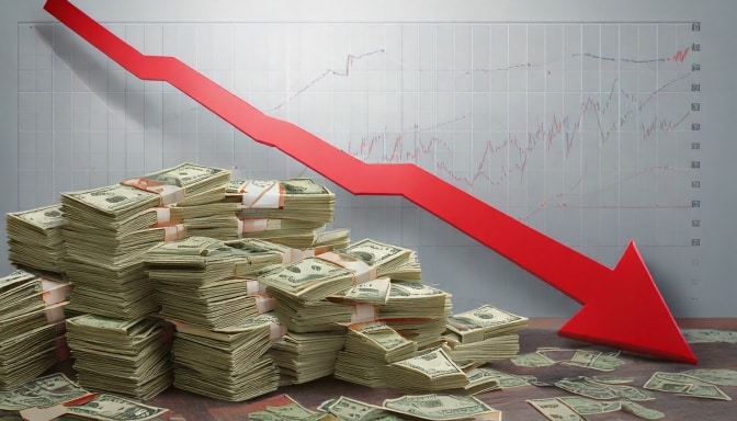 Stacks of cash are positioned before a red downward arrow and a declining share chart, representing financial loss.
