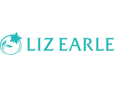Liz Earle logo featuring turquoise lettering with a floral motif positioned to the left of the brand name.