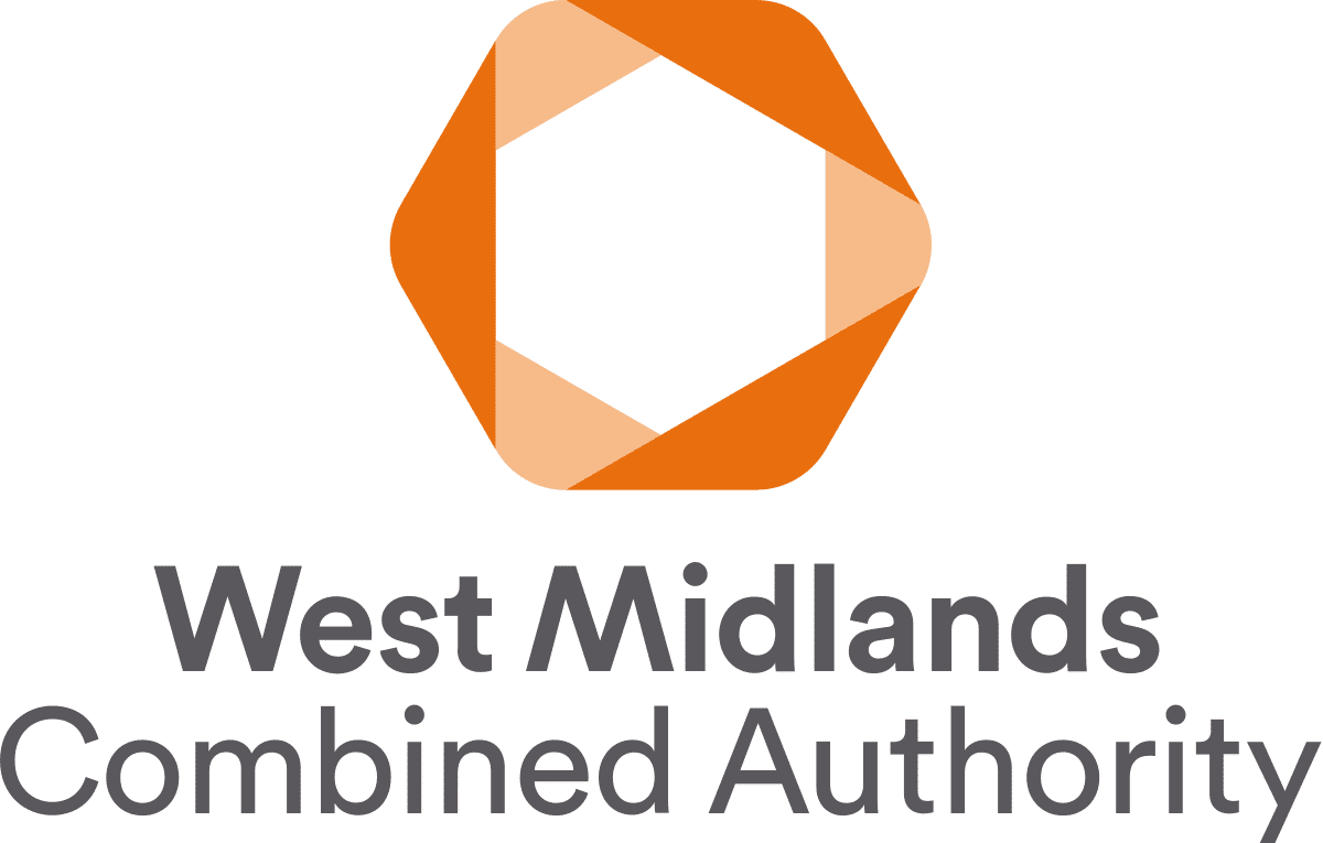 An orange hexagon sits above the grey text of the West Midlands Combined Authority logo.